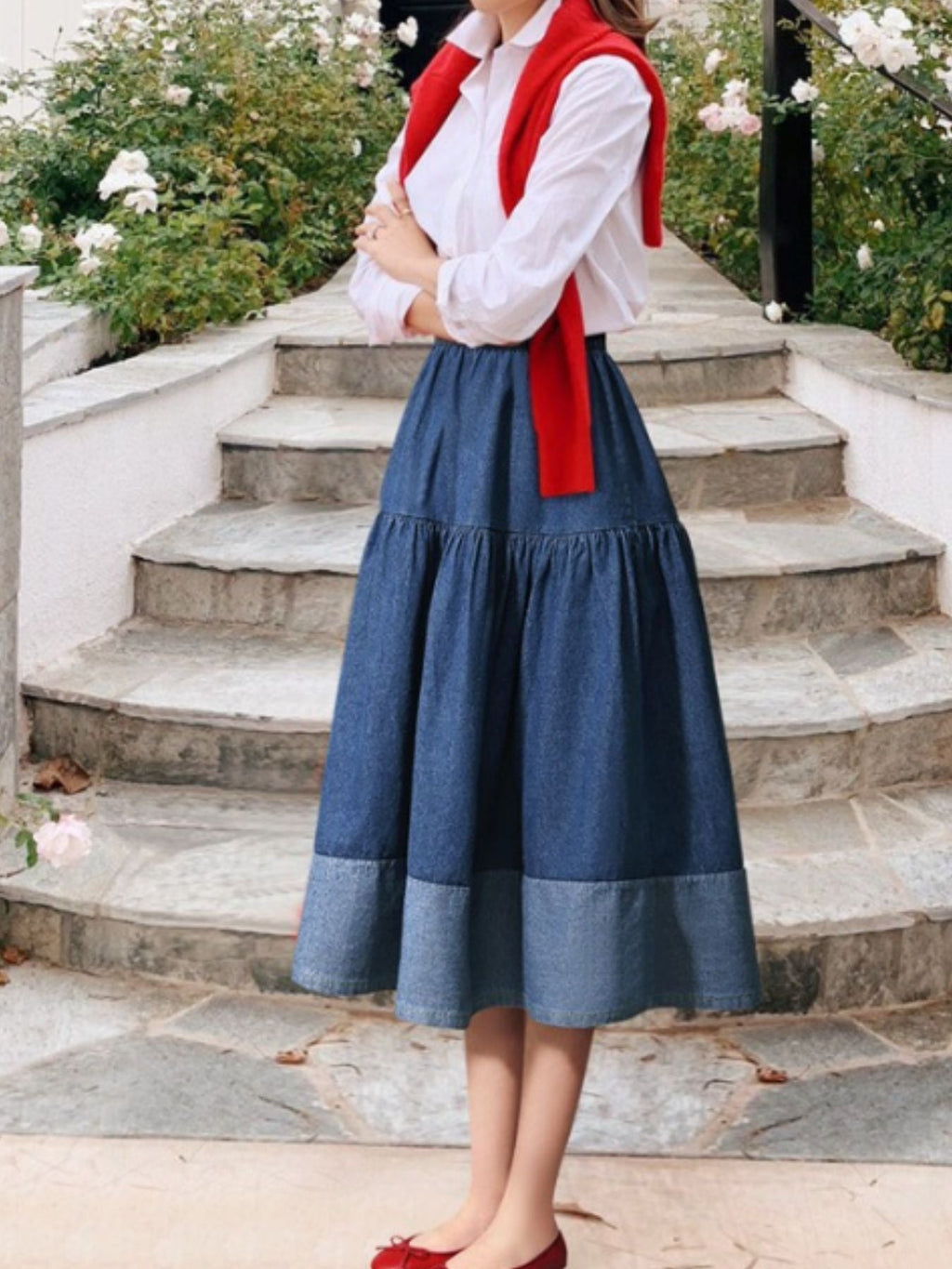 Tiered Denim Midi Skirt - Lara Moda
