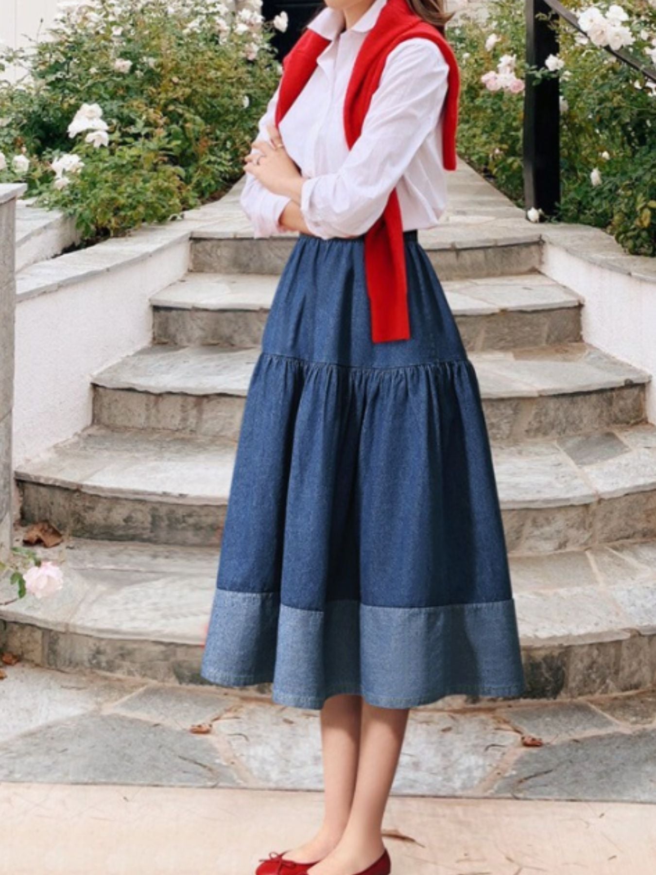 Tiered Denim Midi Skirt - Lara Moda