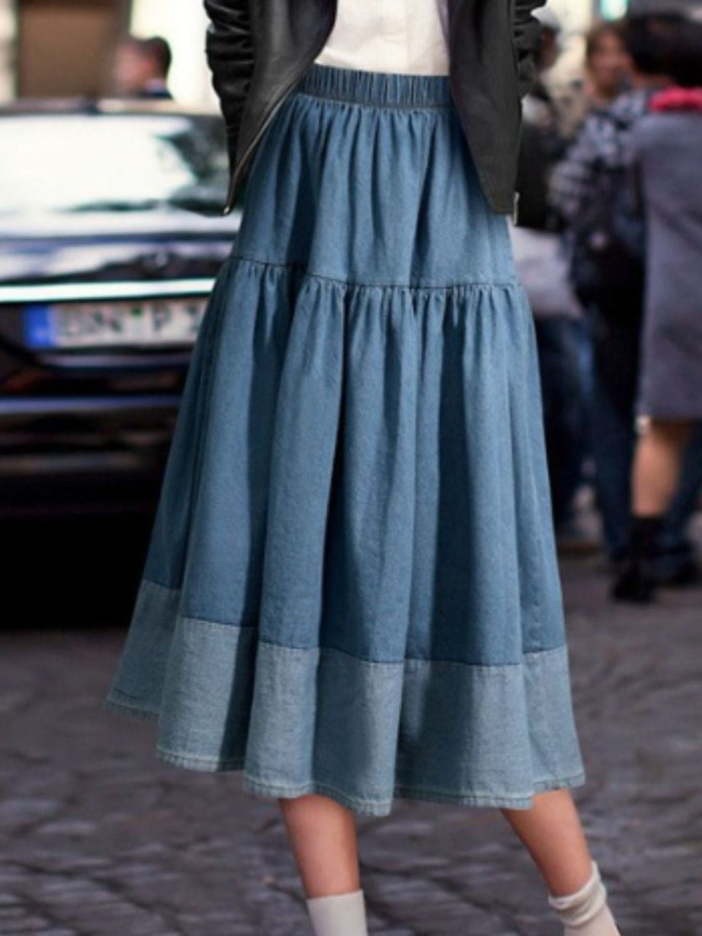 Tiered Denim Midi Skirt - Lara Moda