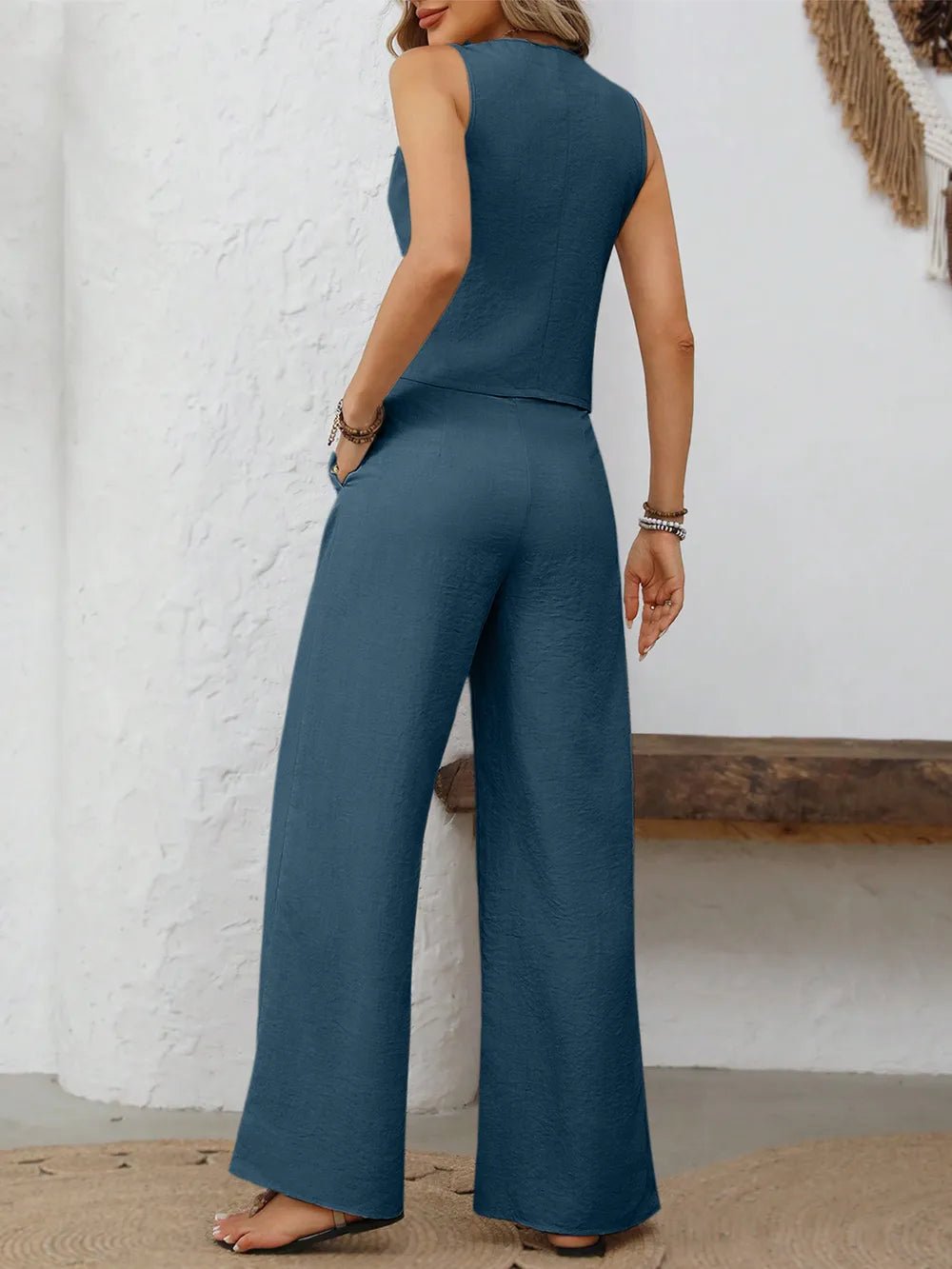 V-Neck Button Down Vest and Wide Leg Pants Set - Lara Moda