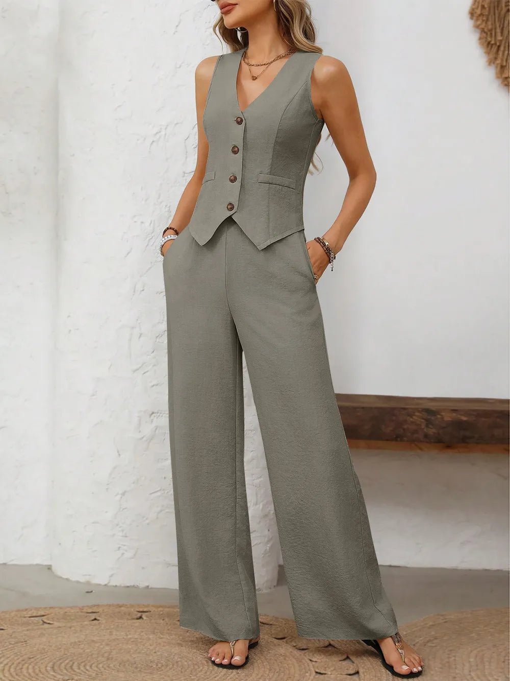 V-Neck Button Down Vest and Wide Leg Pants Set - Lara Moda