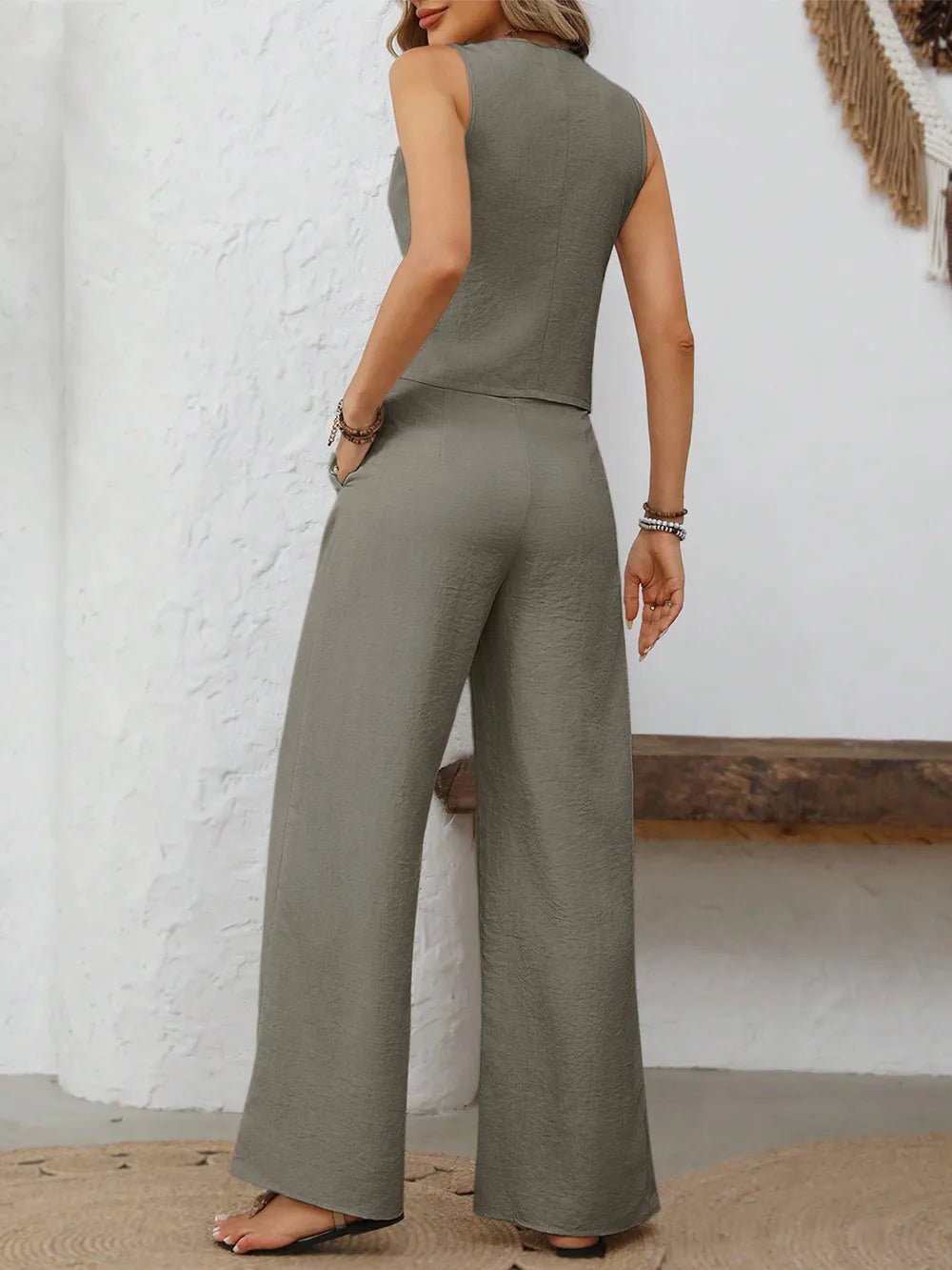 V-Neck Button Down Vest and Wide Leg Pants Set - Lara Moda