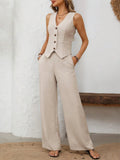 V-Neck Button Down Vest and Wide Leg Pants Set - Lara Moda