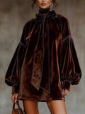 Velvet Bow-Tie Long Sleeve Mini Dress - Lara Moda