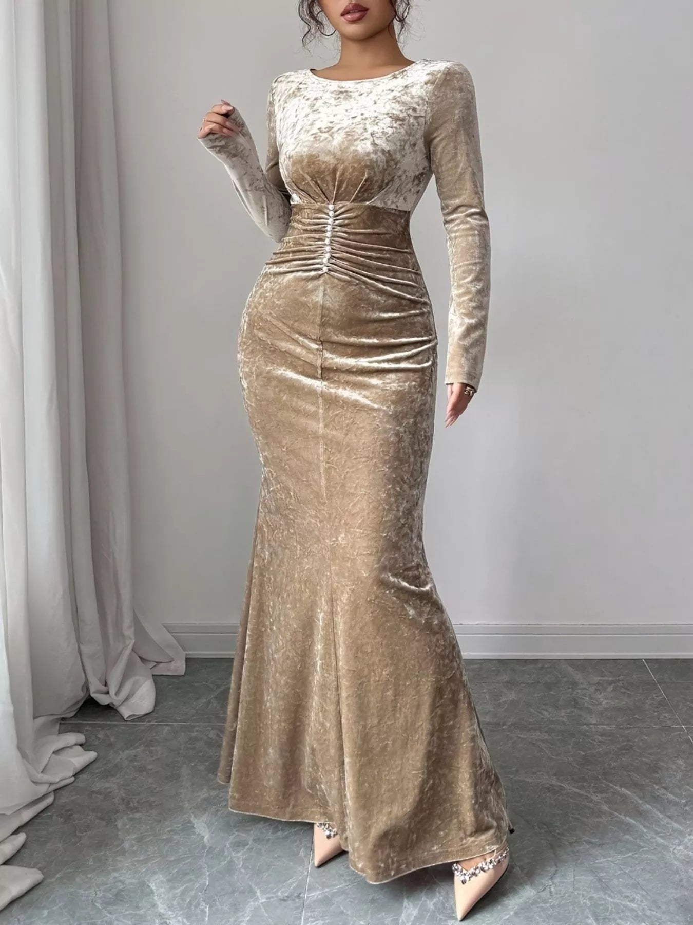 Velvet Ruched Bodycon Maxi Dress - Lara Moda