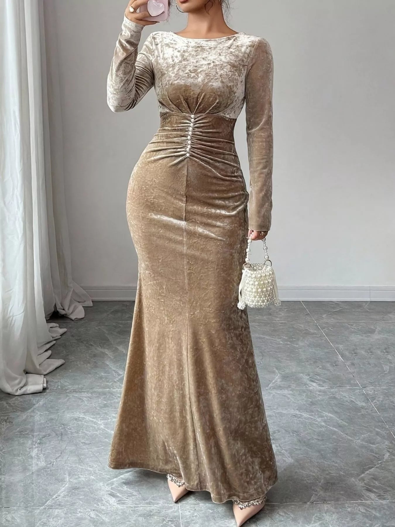 Velvet Ruched Bodycon Maxi Dress - Lara Moda