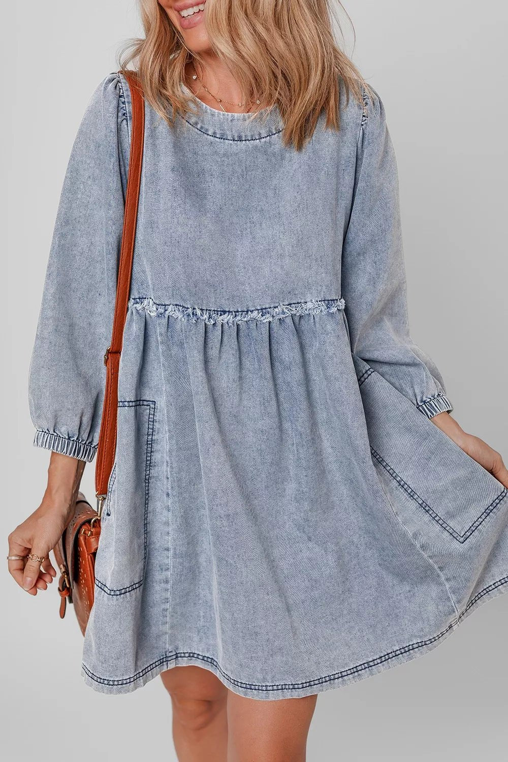 Vintage Wash Denim Dress with Pockets - Lara Moda