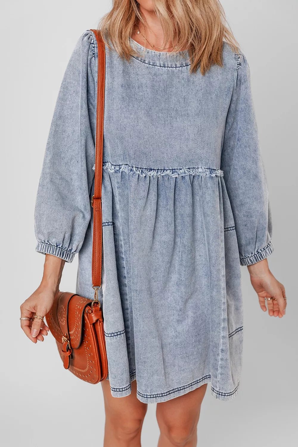 Vintage Wash Denim Dress with Pockets - Lara Moda