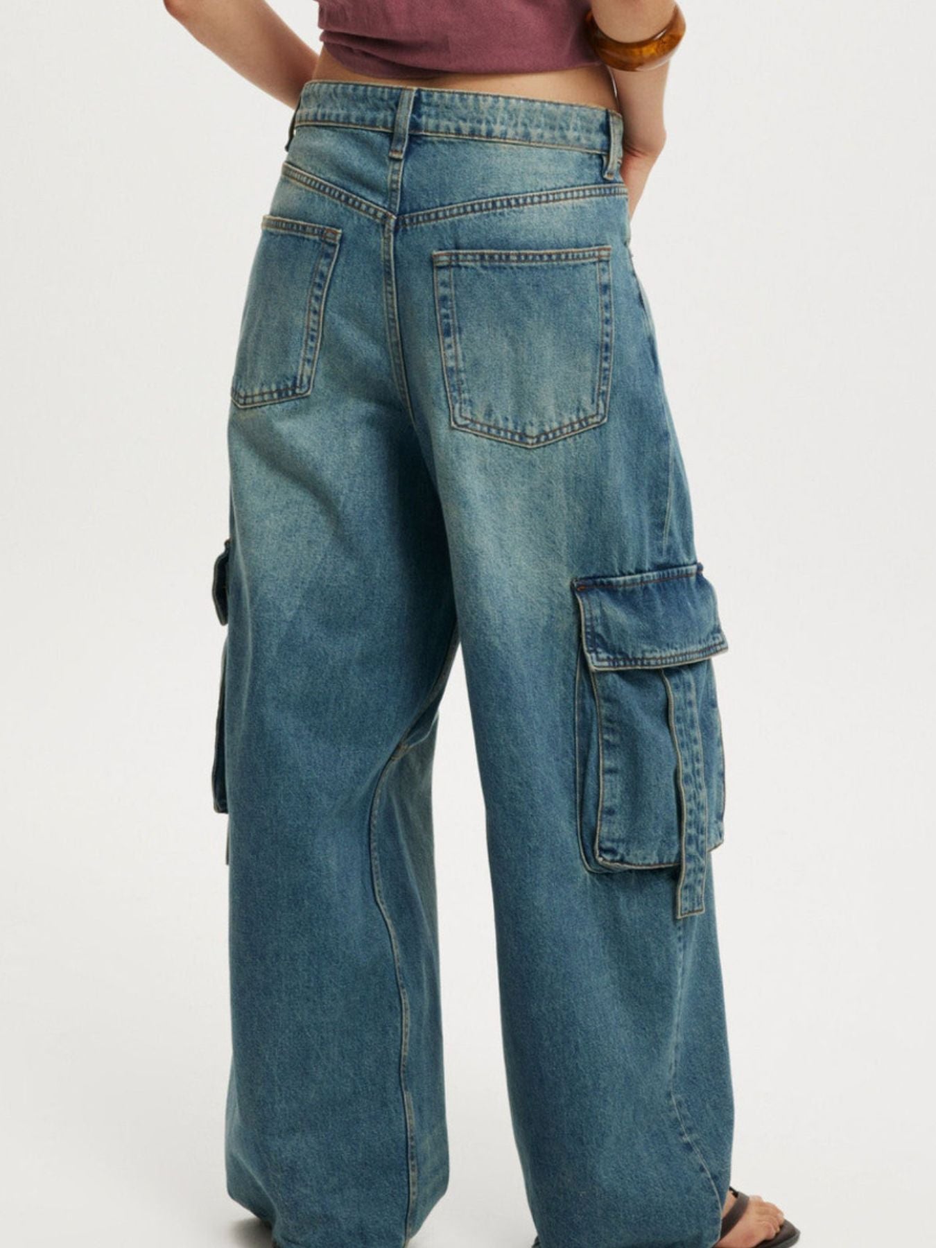 Vintage Wash Wide Leg Cargo Jeans - Lara Moda