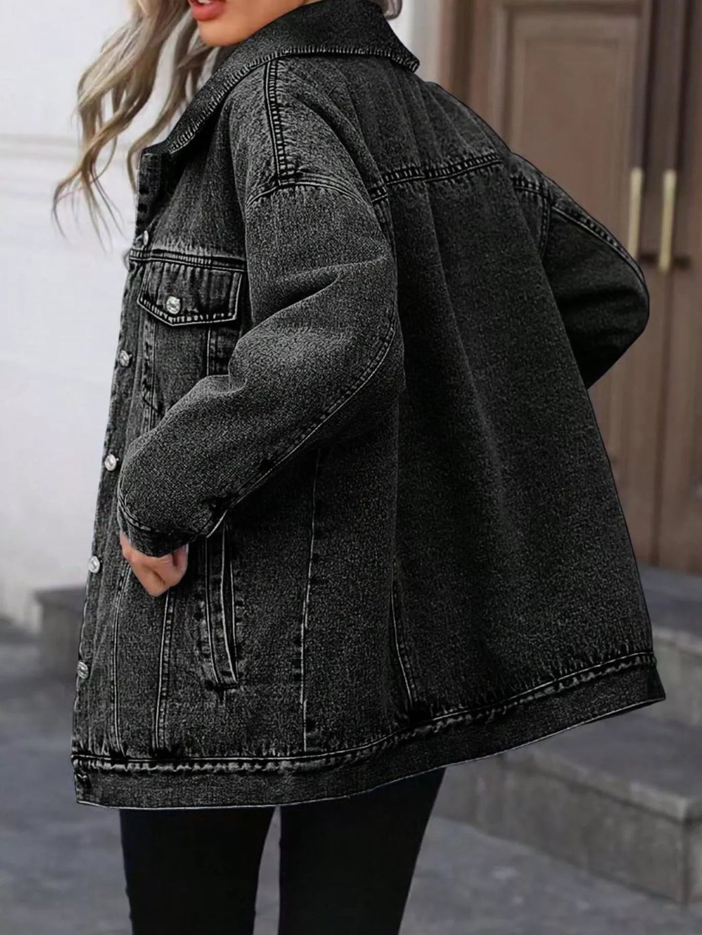 Washed Button Up Oversized Denim Jacket - Lara Moda