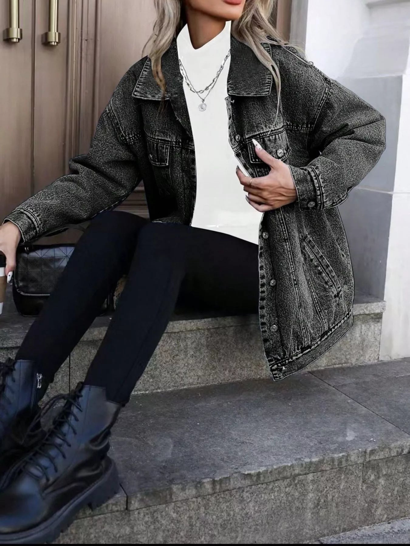 Washed Button Up Oversized Denim Jacket - Lara Moda