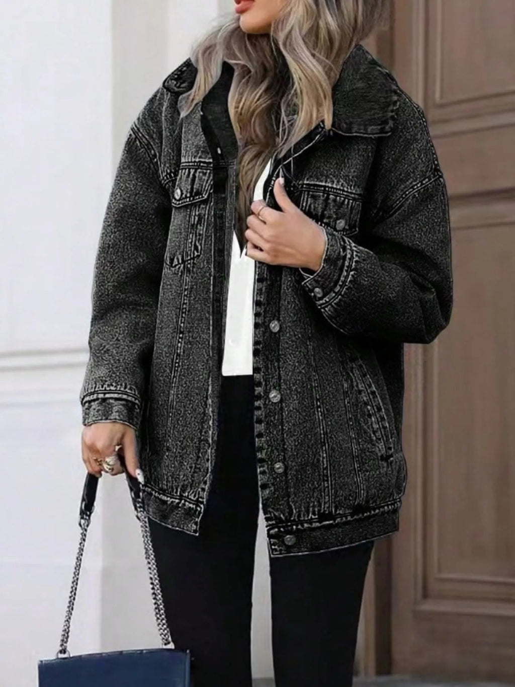 Washed Button Up Oversized Denim Jacket - Lara Moda
