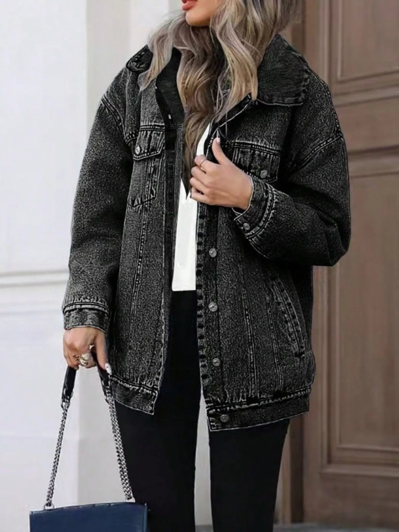 Washed Button Up Oversized Denim Jacket - Lara Moda