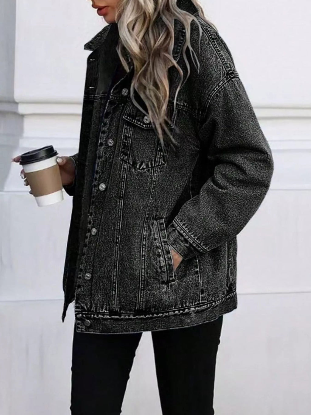 Washed Button Up Oversized Denim Jacket - Lara Moda
