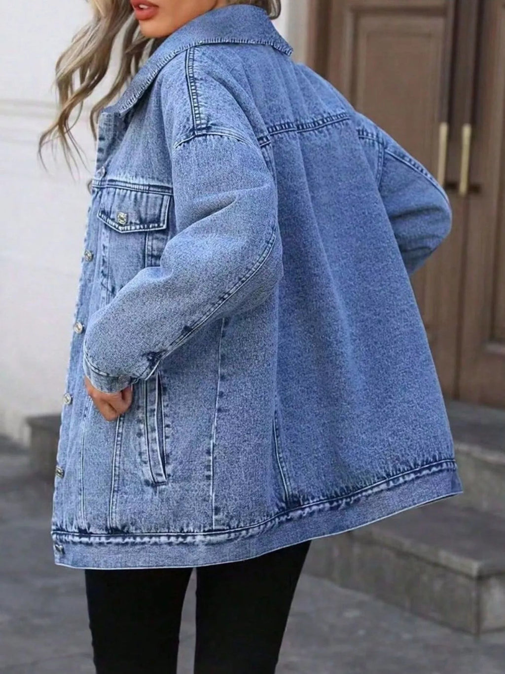 Washed Button Up Oversized Denim Jacket - Lara Moda