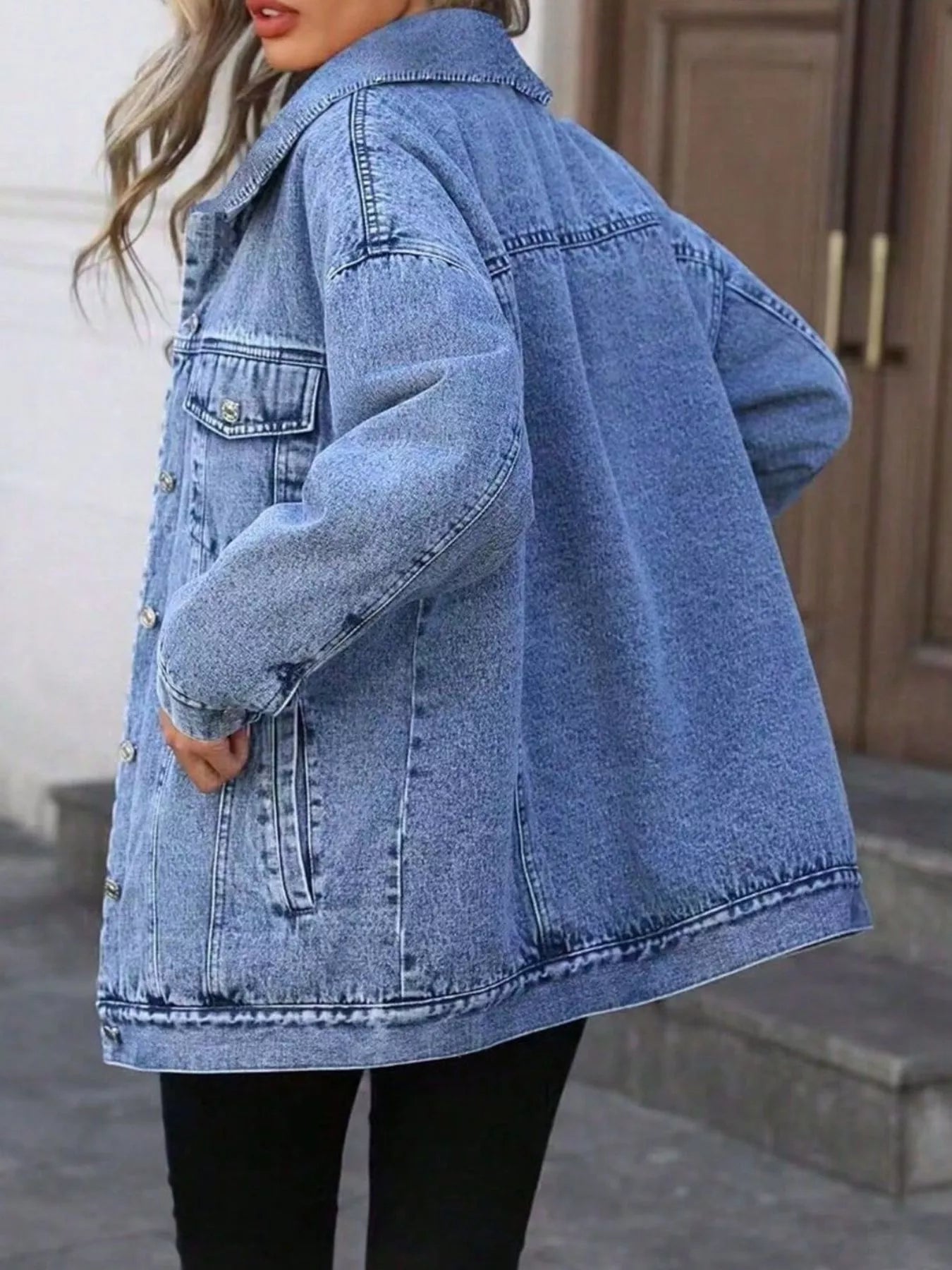 Washed Button Up Oversized Denim Jacket - Lara Moda