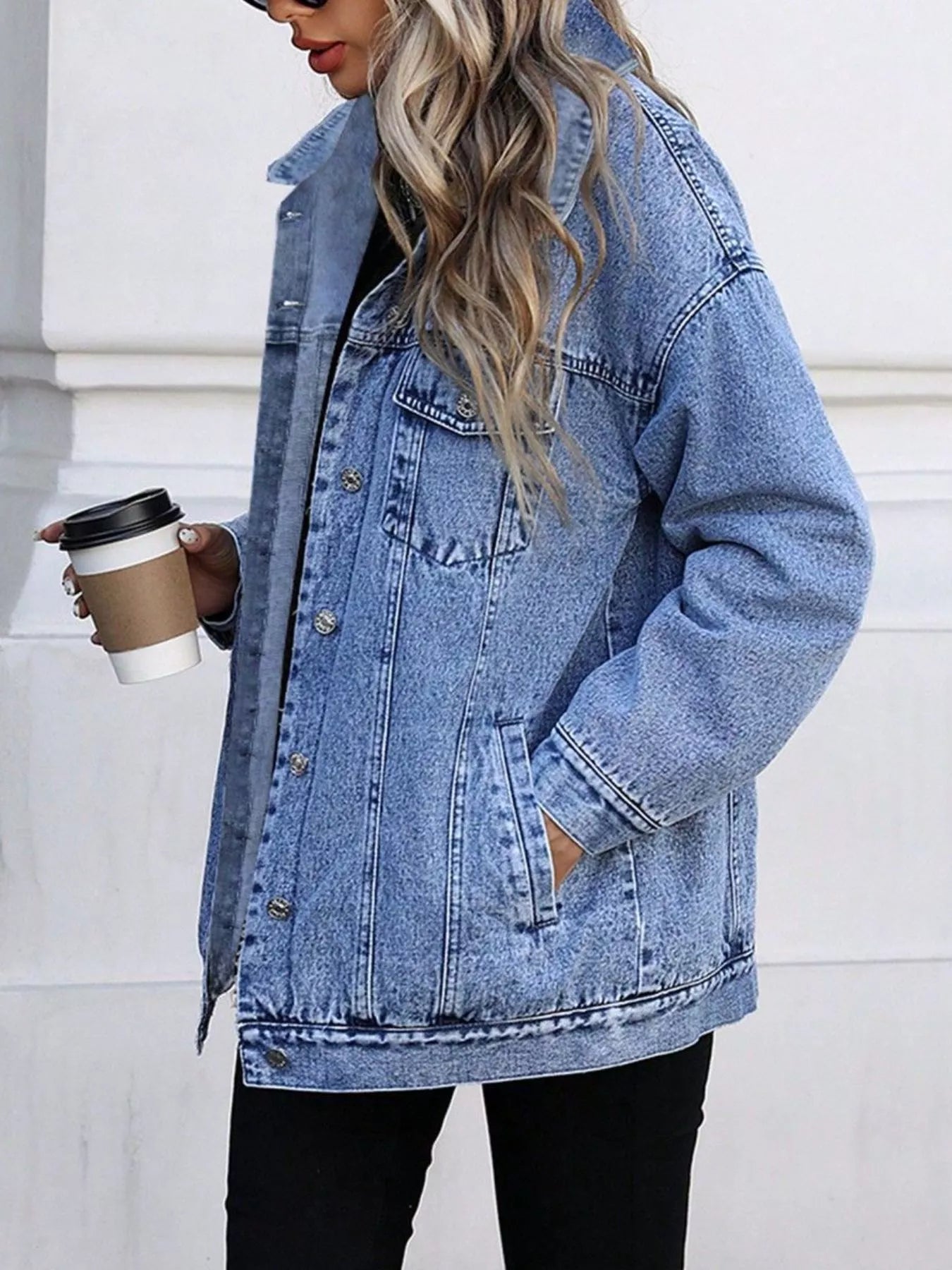 Washed Button Up Oversized Denim Jacket - Lara Moda