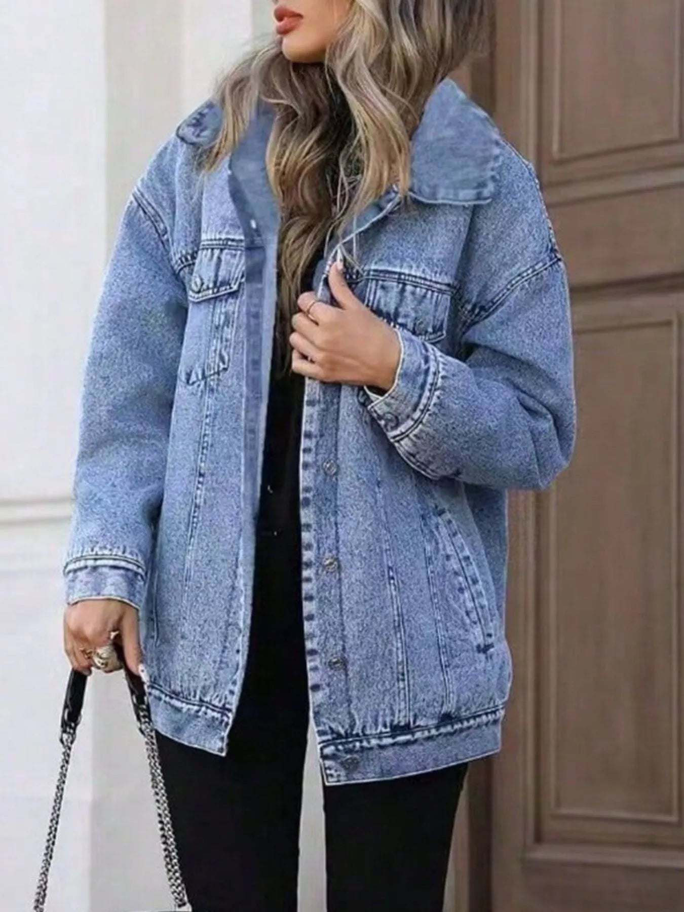 Washed Button Up Oversized Denim Jacket - Lara Moda