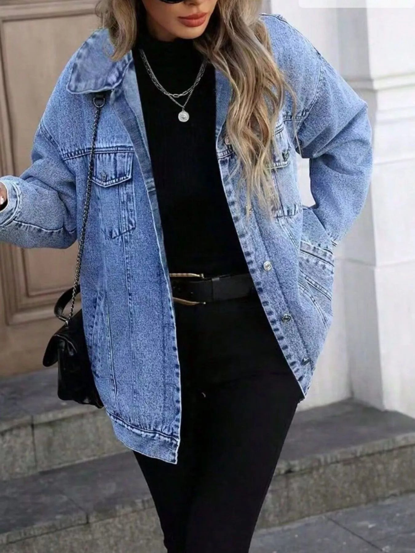 Washed Button Up Oversized Denim Jacket - Lara Moda