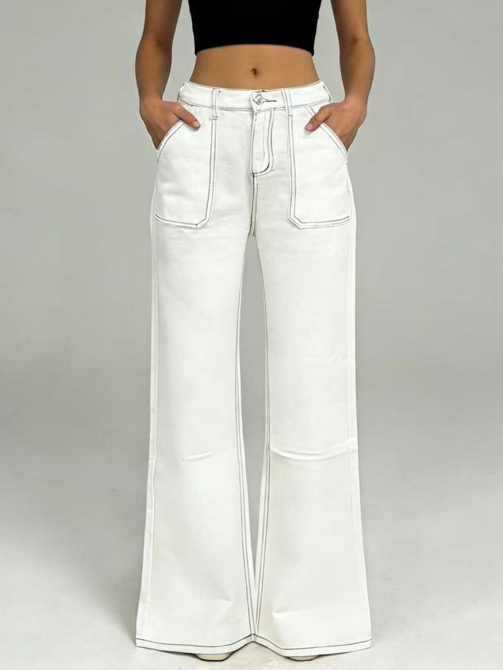 Wide Leg Contrast Stitching Jeans - Lara Moda