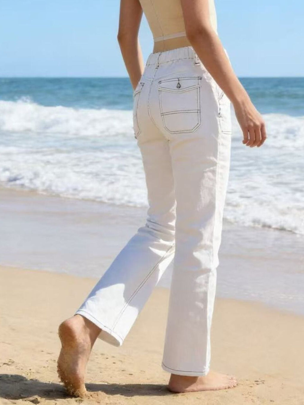 Wide Leg Contrast Stitching Jeans - Lara Moda