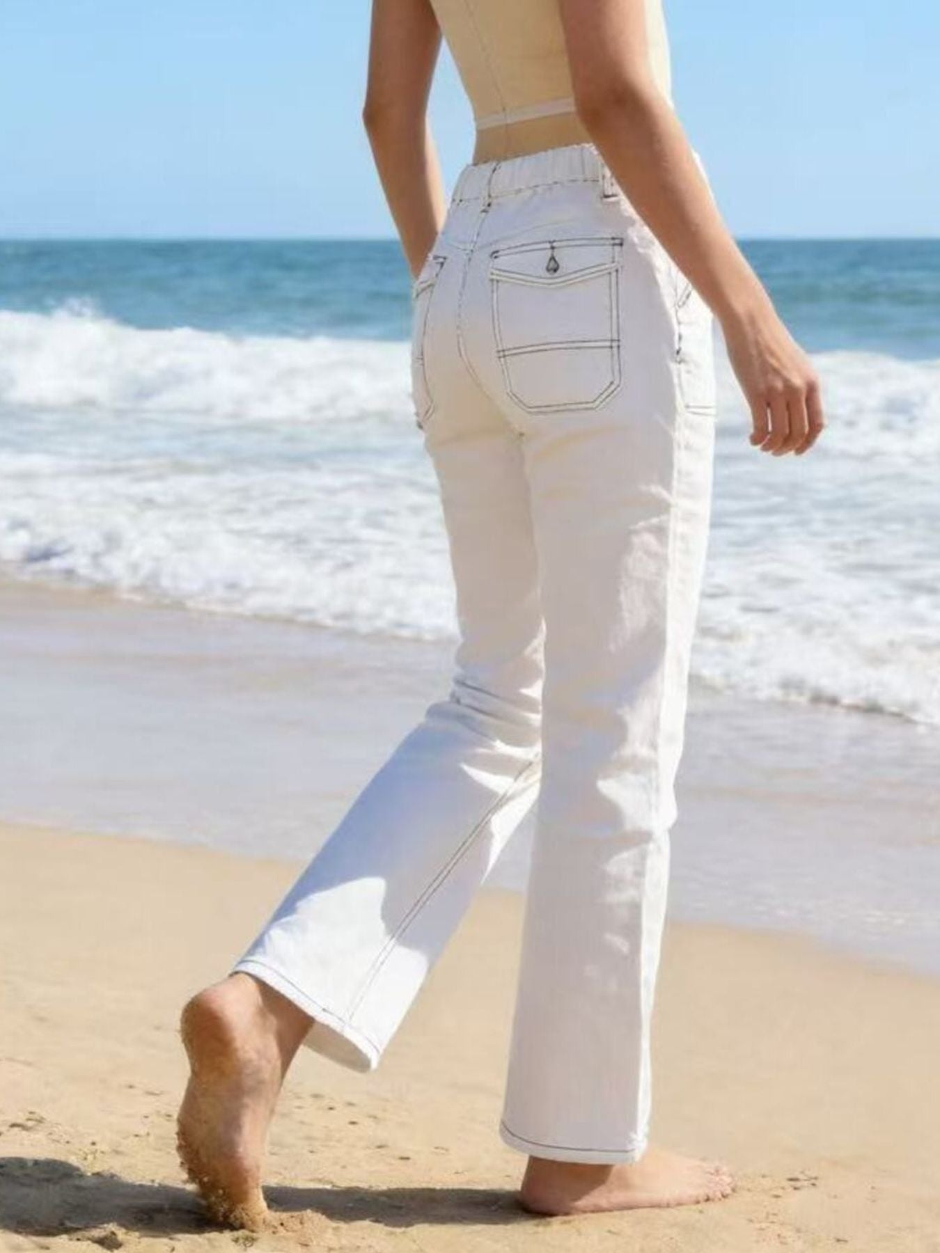 Wide Leg Contrast Stitching Jeans - Lara Moda