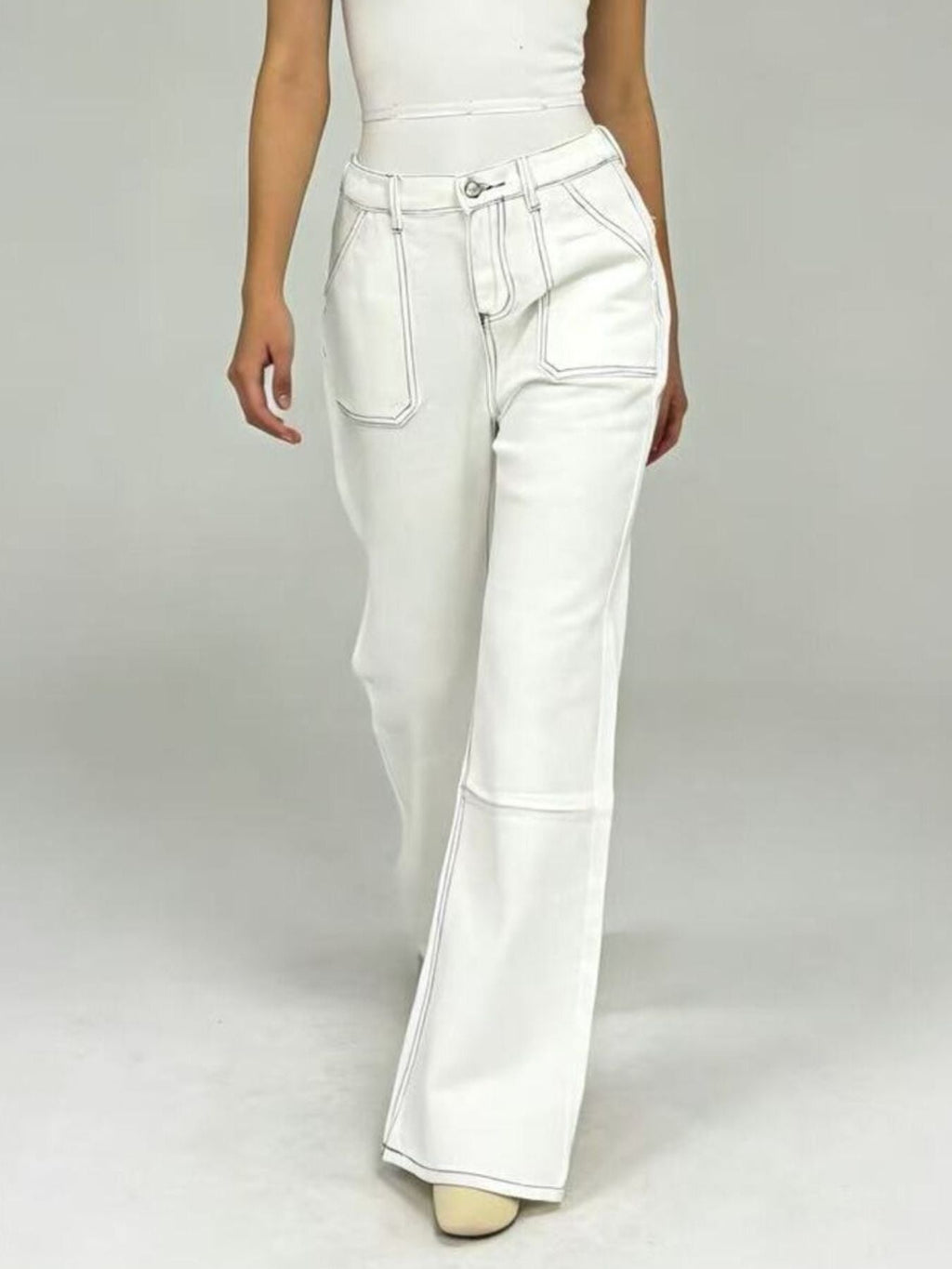 Wide Leg Contrast Stitching Jeans - Lara Moda