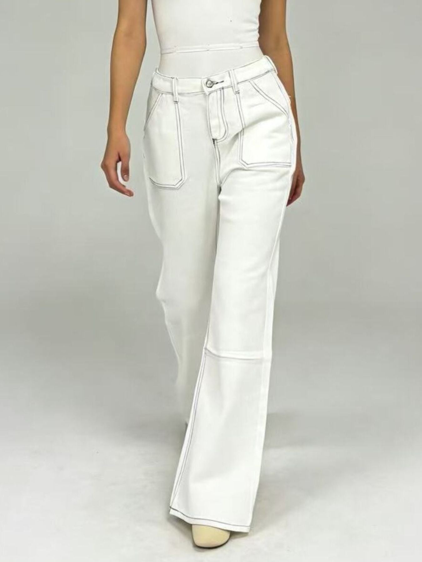 Wide Leg Contrast Stitching Jeans - Lara Moda