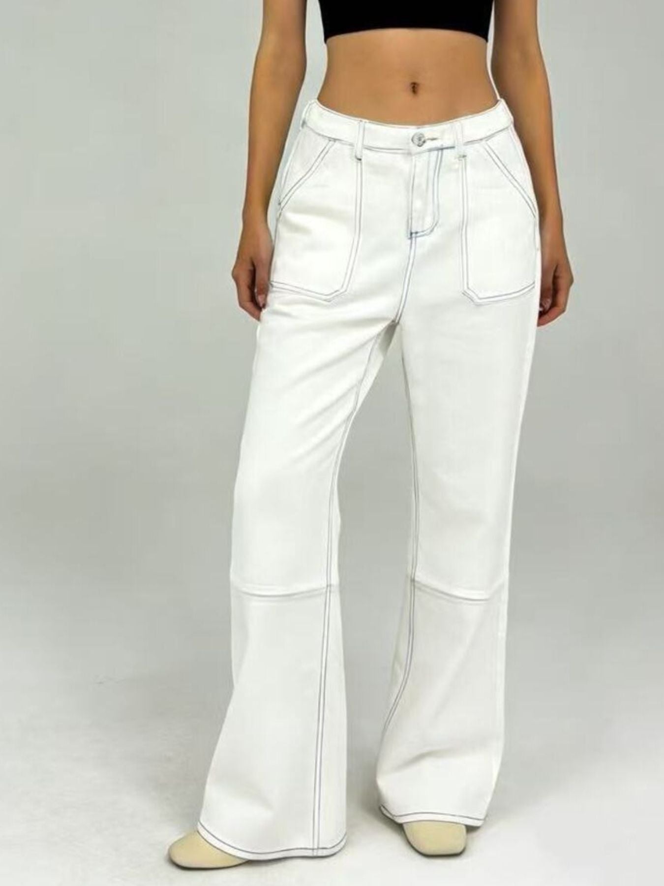 Wide Leg Contrast Stitching Jeans - Lara Moda