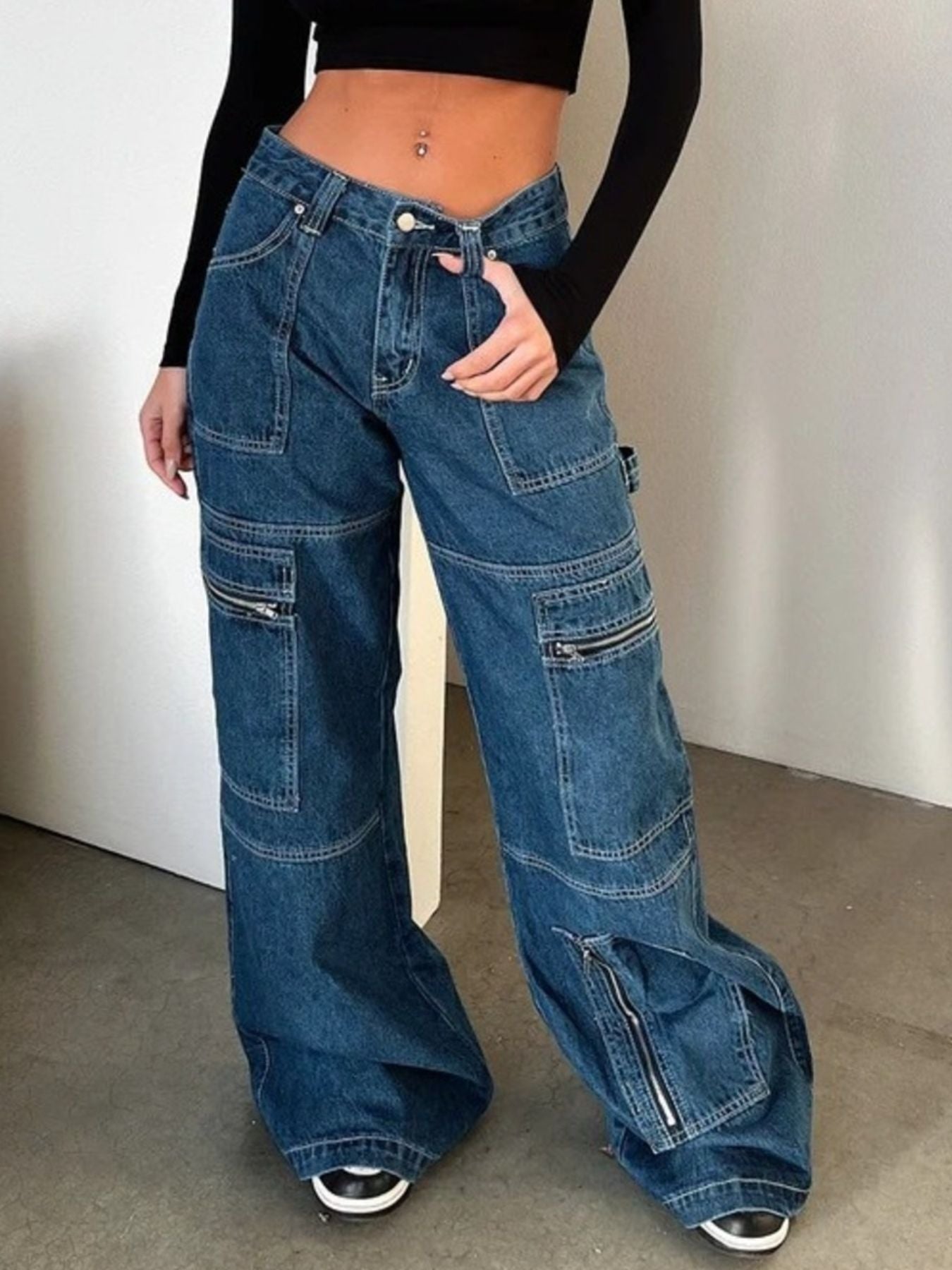 Zipper Pocket Wide Leg Cargo Jeans - Lara Moda
