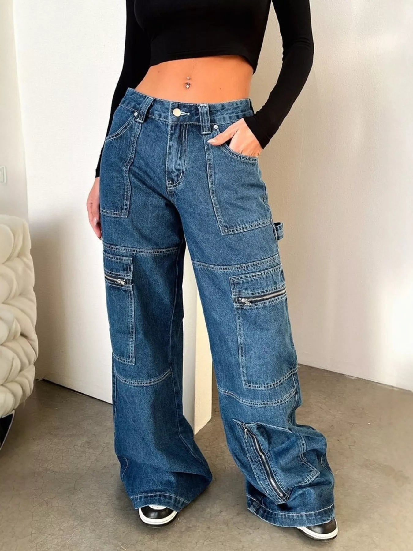 Zipper Pocket Wide Leg Cargo Jeans - Lara Moda