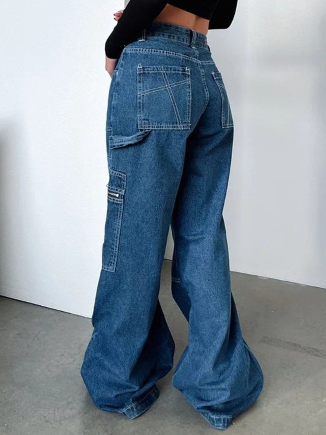 Zipper Pocket Wide Leg Cargo Jeans - Lara Moda