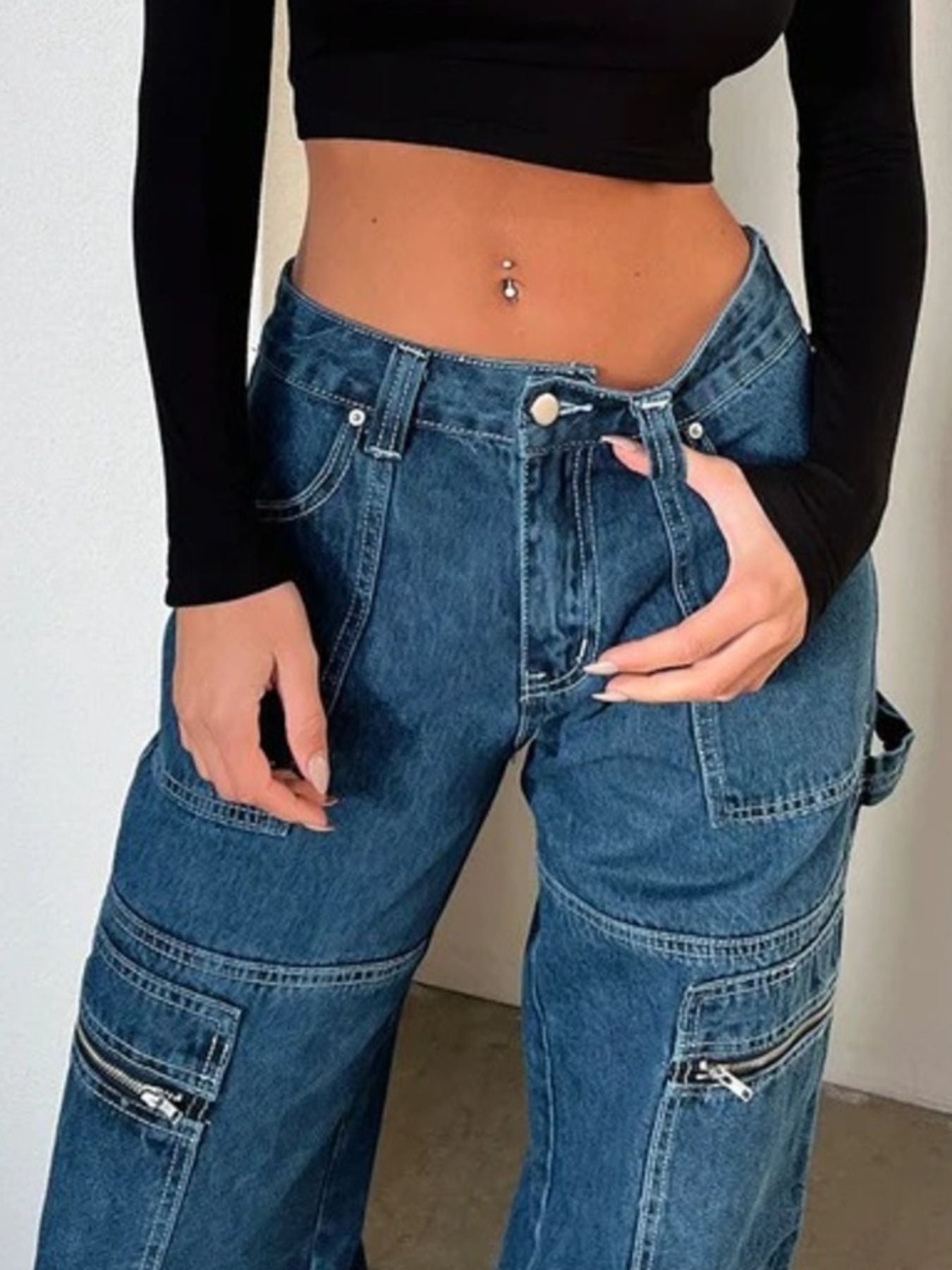 Zipper Pocket Wide Leg Cargo Jeans - Lara Moda
